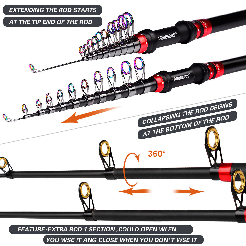 PROBEROS HWCSET101 Telescopic Rod 1.8m Carbon Pole Fishing Reel Lure Line Kit with Carrier Bag PROBEROS HWCSET101 Telescopic Rod 1.8m Carbon Pole Fishing Reel Lure Line Kit with Carrier Bag